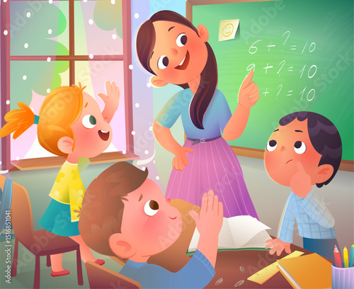 Fun math lesson with students raised hands and teacher at blackboard. Young boy answering mathematics homework task in front of the class. Vector cartoon illustration for children and kids education