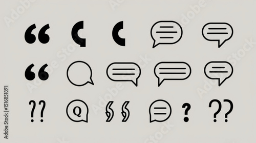 Illustration of various speech bubbles, quotation marks, and question mark symbols arranged in a grid created with generated ai