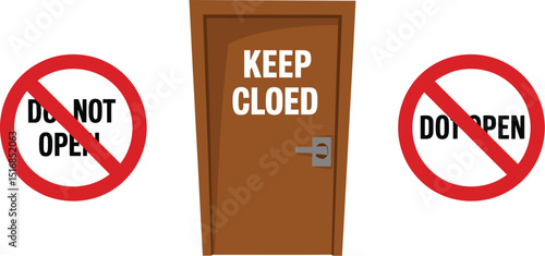 A closed door with keep cloed written on it and two do not open signs on a light yellow background