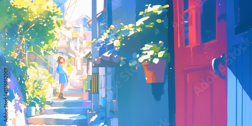 通学中の女性。水彩画。イラスト。