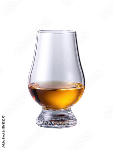 A single malt scotch whisky sits elegantly in a crystal Glencairn glass, its golden hue catching the light against a crisp and clean white background in studio shot.