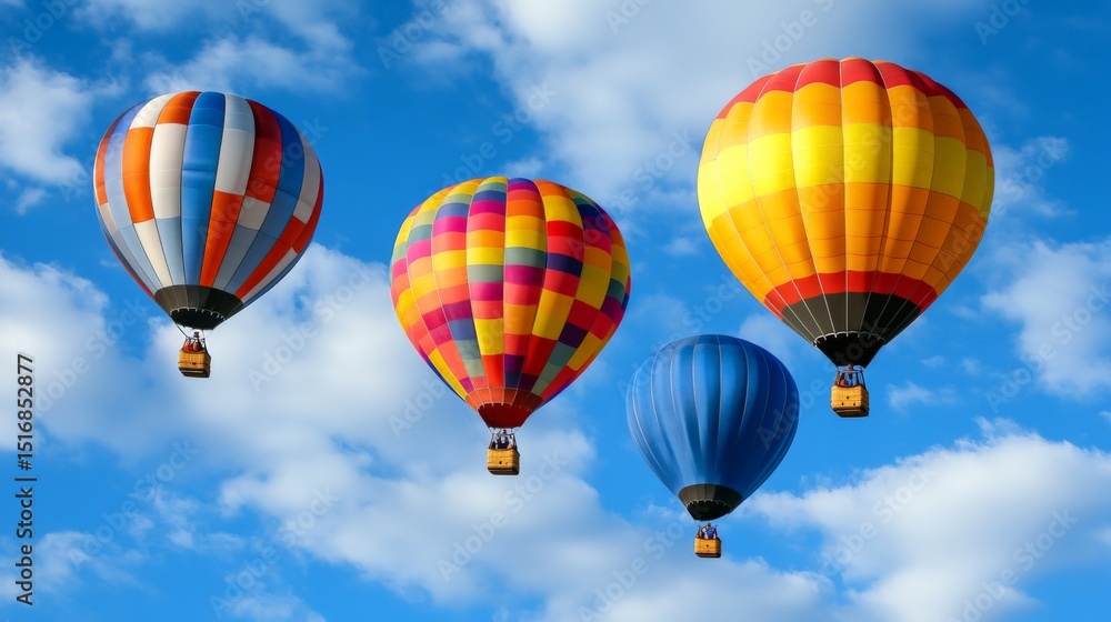 Fototapeta premium Four colorful hot air balloons float in a bright blue sky with scattered clouds