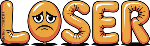 The word loser spelled out with balloon letters and sad face balloon on a white background