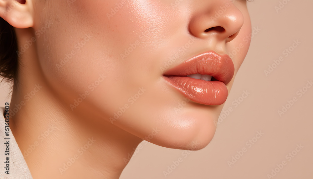 Obraz premium Close-up of woman’s lips with glossy finish against neutral backdrop - Concept of Summer skincare