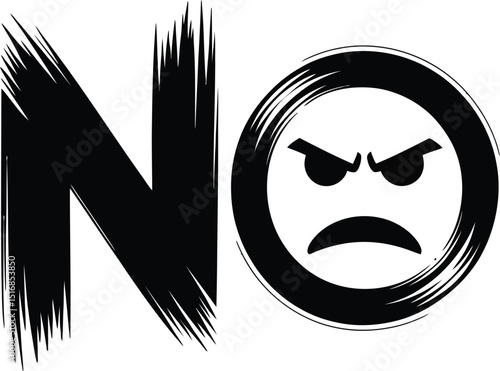Black and white graphic of the word no with an angry face in a circle for the o on a white background