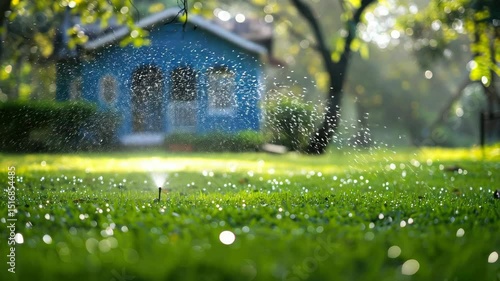 Dewdrops sparkle on the grass in the early morning light beside a blue house surrounded by lush greenery
