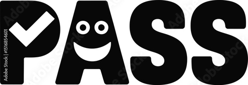 A stylized word pass with a checkmark replacing the p and a smiley face replacing the a in black ink