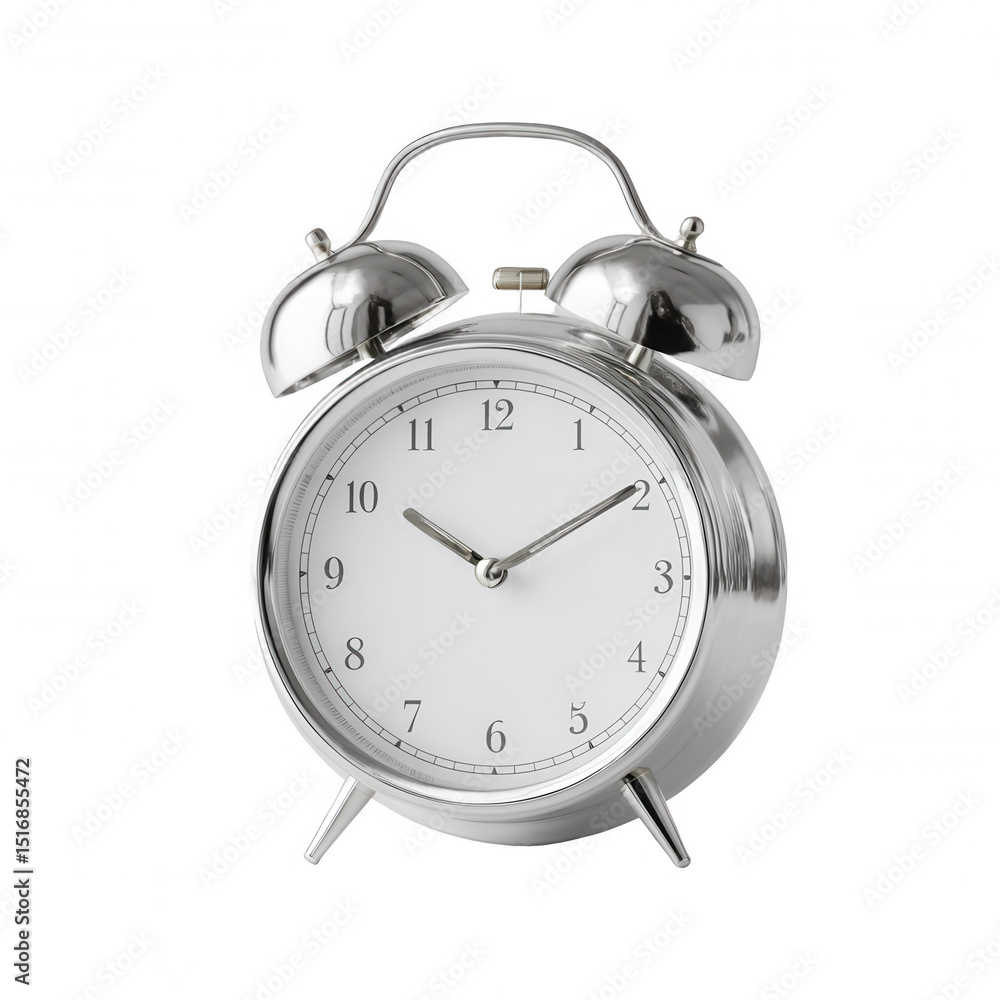 A shiny silver alarm clock with a blank white face stands prominently against a crisp white background, emphasizing its vintage design and timeless functionality. A shiny silver alarm clock with a blank white face stands prominently against a crisp white background, emphasizing its vintage design and timeless functionality.