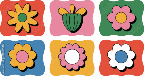 A collection of six retro flower designs with various color palettes arranged in a grid pattern