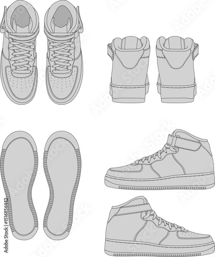 Hand-drawn line drawing vector illustrations of trendy and classic sports shoes,AF1,Jordan,Dunk,Oldskool,Rubber Slides,Classic