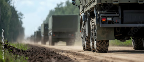 Military Trucks Convoy On Dirt Road