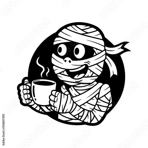 mummy with a cup of coffee, funny mascot illustration, logo design