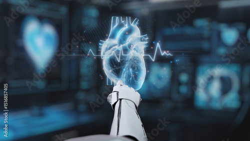 Foto Close up of robotic hand pointing and clicking at heart holographic to access medical data or diagnosis symptom