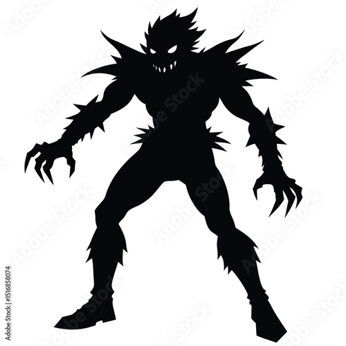 Black silhouette of a frightening monster creature ready to attack isolated on white background