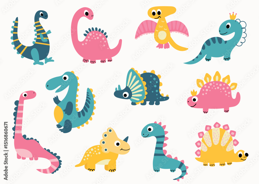 Naklejka premium Colorful set of illustrations with cartoon dinosaurs. White background, isolate 