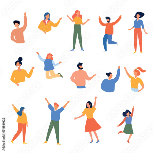 Set of flat illustration happy greeters people showing various positive emotions with gestures.