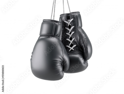 Two shiny black leather boxing gloves hang suspended by their white laces and metal chains against a stark white backdrop in a 3D rendered illustration.
