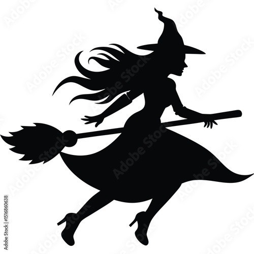 Silhouette of a witch flying on a broomstick against a bright white background