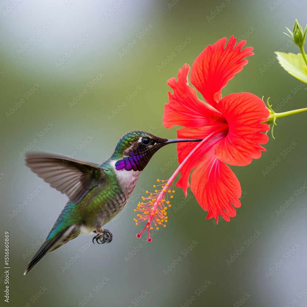 Fototapeta premium A vibrant and detailed image of a hummingbird with iridescent green and purple feathers feeding on the nectar of a red hibiscus flower, captured mid-flight.