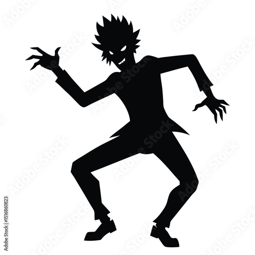 Silhouette of a spooky figure with spiky hair and sharp claws posing aggressively