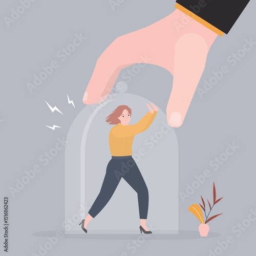 hand close unhappy woman in glass cage. Sad woman sitting in cage - phobias, anxiety, panic attack. Woman trying fight against discrimination, domestic violence, inequality.