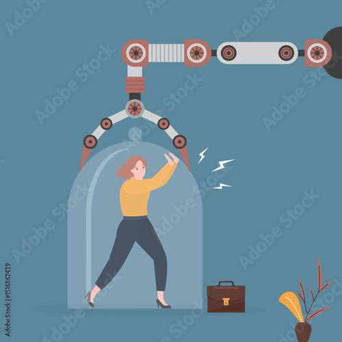 Businesswoman resist against glass cage trap by robot hand. business concept. People are losing competition to artificial intelligence. Replacing human workers with AI mechanisms.