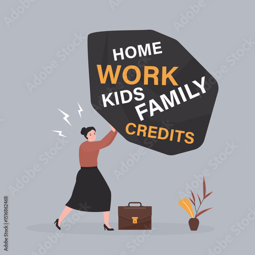 Frustrated business woman push heavy stone with various tasks and problems. Over workload, multitasking. Pressure from too much responsibility.