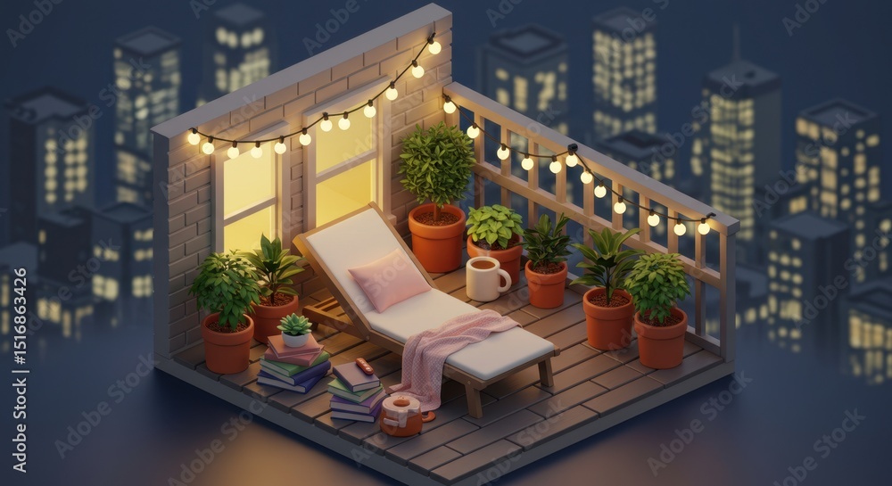 Fototapeta premium Isometric 3D Illustration of a Cozy Urban Apartment Balcony Garden with Lounge Chair, Books, and Coffee