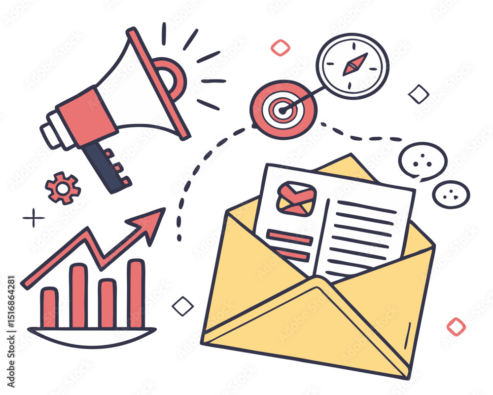 Obraz premium Vector illustration concept of email marketing. Creative flat design for web banner, marketing material, business presentation, online advertising. 