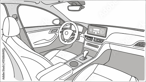 Illustration of a modern car interior showcasing the dashboard, steering wheel, and seating arrangement
