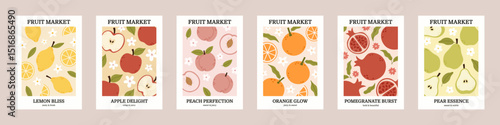 Set of different interior posters with fruits. Apple, lemon, peach, orange, pomegranate, pear. Vintage modern print art. Flat hand drawn vector illustration