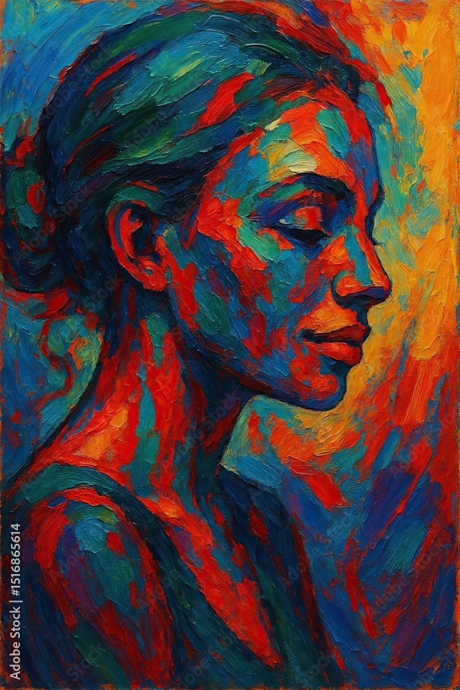 Naklejka premium Colorful portrait of a woman with her eyes closed. Serene art.