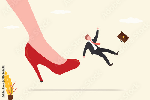 High heels shoes of woman boss kick employee, dismissal. Female foot kicking small male character who is flying away. Losing job, unemployment, finance crisis