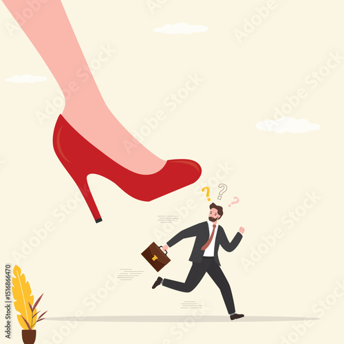 Woman exerts psychological pressure on an male employee or husband. Unhappy man run away from high heels shoes. Mental problems, stress. Feminism, inequality, sexism.