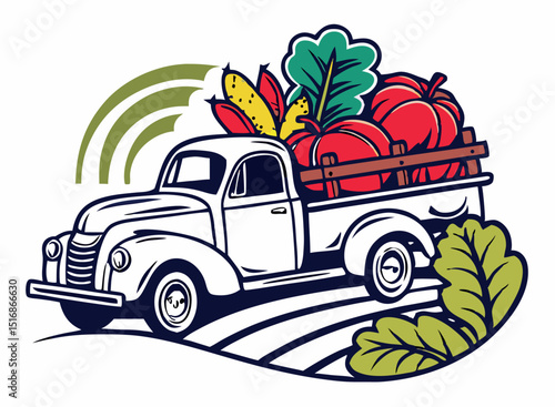 Vintage farm truck carrying fresh harvest vegetables in vector illustration