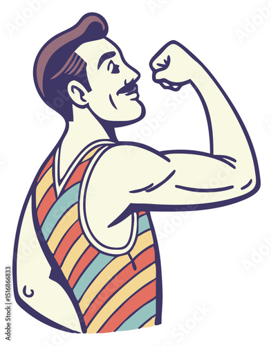Vintage strongman flexing bicep with colorful striped tank top