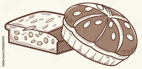 Vintage illustration of hot cross buns and seeded cake for easter