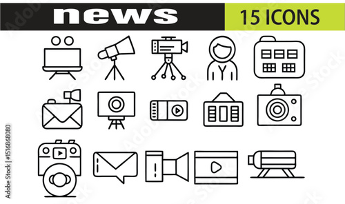 Collection of modern news and journalism icons featuring broadcast and communication symbols