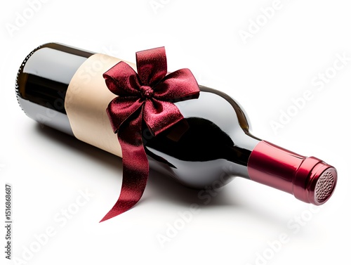 A beautifully wrapped bottle of red wine with a burgundy ribbon, perfect for a gift or special occasion. The dark liquid is enclosed in a classic glass bottle.