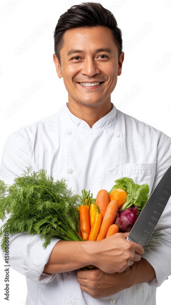 Smiling Asian Man in Chef Uniform Holding Fresh Vegetables and Chef Knife in Culinary Kitchen Setting Smiling Asian Man in Chef Uniform Holding Fresh Vegetables and Chef Knife in Culinary Kitchen Setting