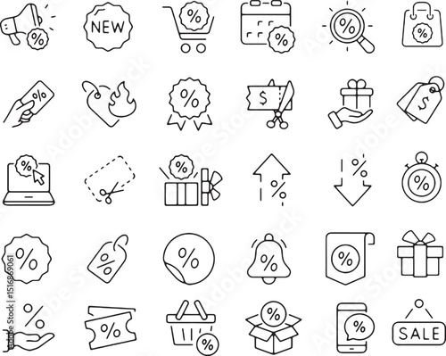 Hand-drawn doodle business icons set with black vector sketches and cartoon style symbols, discount icon