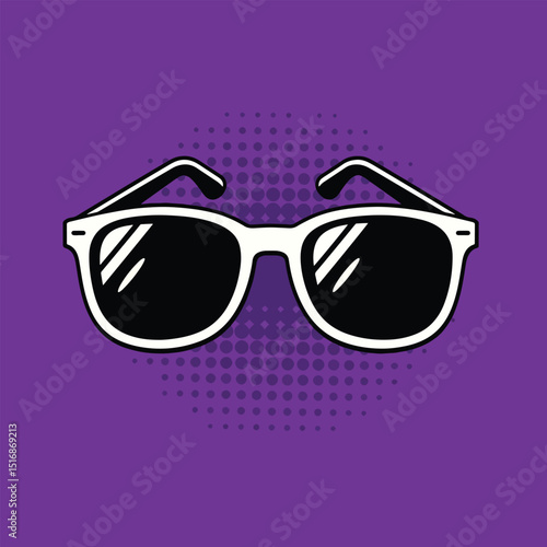 stylish sunglasses pop art symbol vector with vibrant purple background and halftone dot pattern