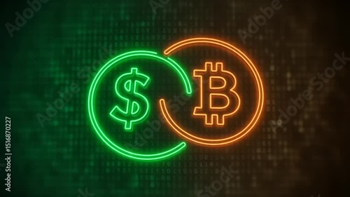 Neon currency exchange symbols on binary code background