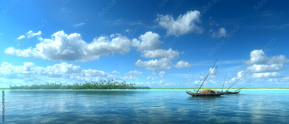 Obraz premium Tropical Island Paradise Landscape With Boats