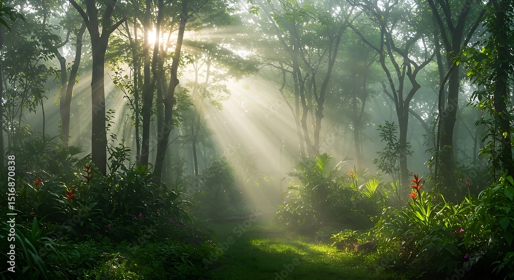 Obraz premium Enchanting Forest with Sunlight Streaming Through the Leaves