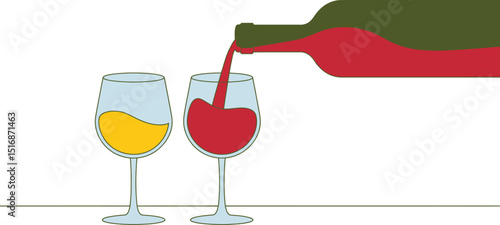 Wine bottle pouring red wine into a glass beside a glass of yellow wine on a peach background