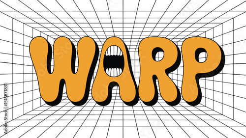 The word warp in orange with a mouth in the a on a white grid background with perspective lines