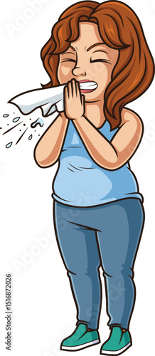 Cartoon chubby woman sneezing vector illustration