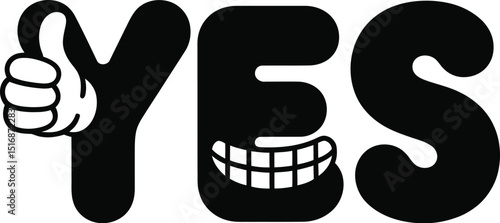 The word yes in black with a thumbs up hand and a smiling face on a light grey background
