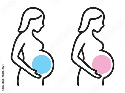 Black outline icons of pregnant woman with blue and pink belly representing boy or girl baby gender isolated on white background. Concept of pregnancy, expecting mother, gender reveal, motherhood
